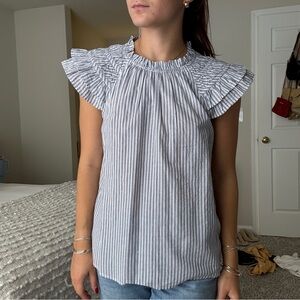 J. Crew Blue and White Ruffle Sleeve Blouse